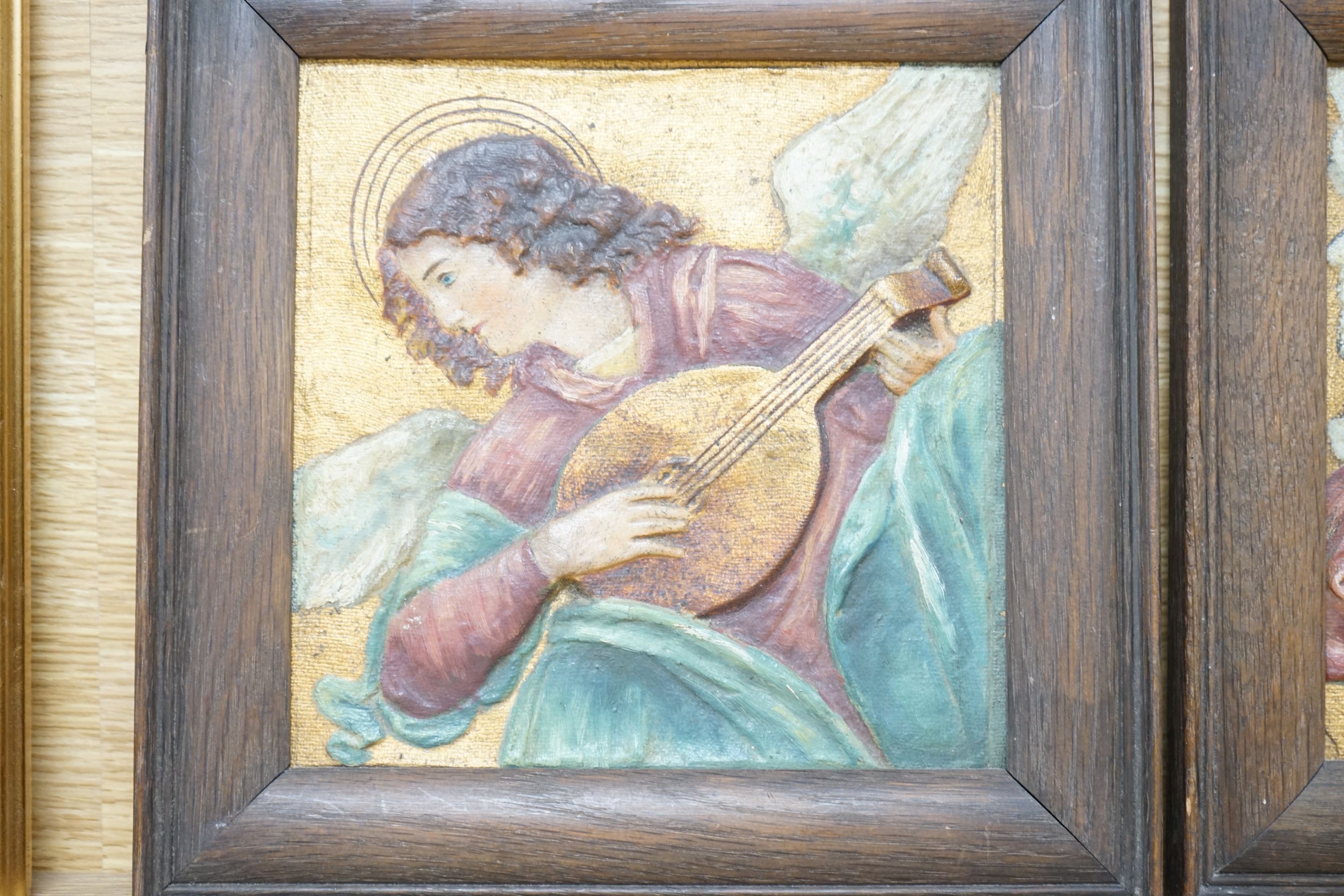 Continental School c.1900, a pair of embossed and painted canvas panels, Angels playing instruments, 18 x 18cm